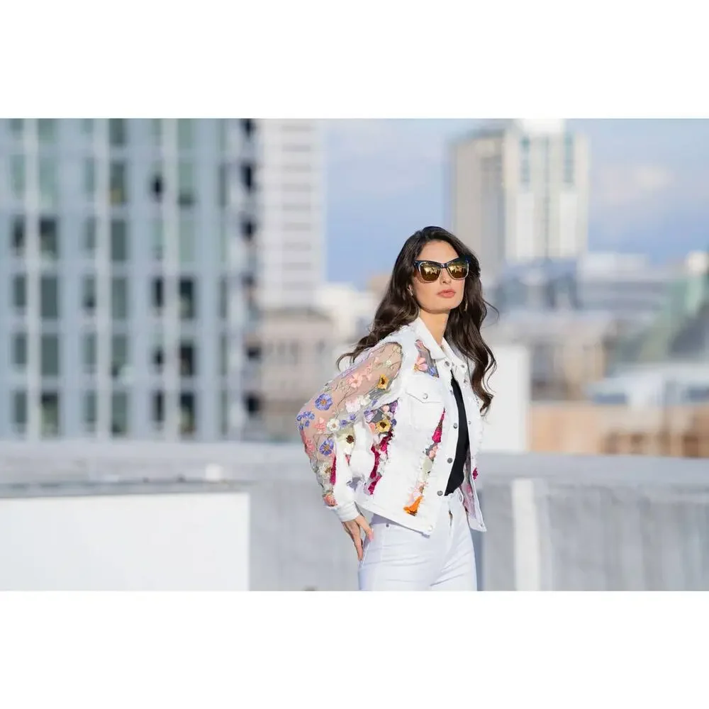White Denim Jacket with Floral Embroidery - Picture 6 of 6
